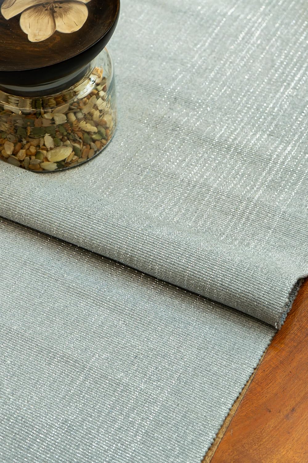 Grey-Silver Ribbed Cotton Weave Glitter Dining Table Runner 63x14 inch | Modern Festive Washable Table Decor 4-6 Seater