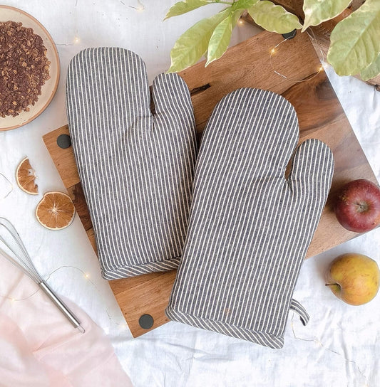 Cotton Oven Mitt – Durable Heat Resistant Glove Set – Grey Pin Stripe Cotton – 12x8in, 2-Pack