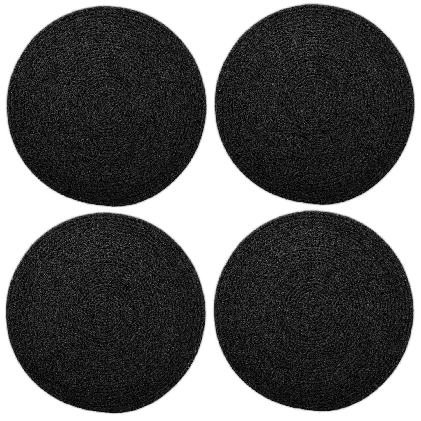 Handmade Ribbed Cotton Round Table Mats Set of 4 | Heat-Resistant, Washable Dining Placemats, 32cm Black