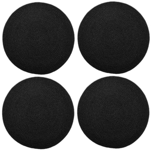 Handmade Ribbed Cotton Round Table Mats Set of 4 | Heat-Resistant, Washable Dining Placemats, 32cm Black