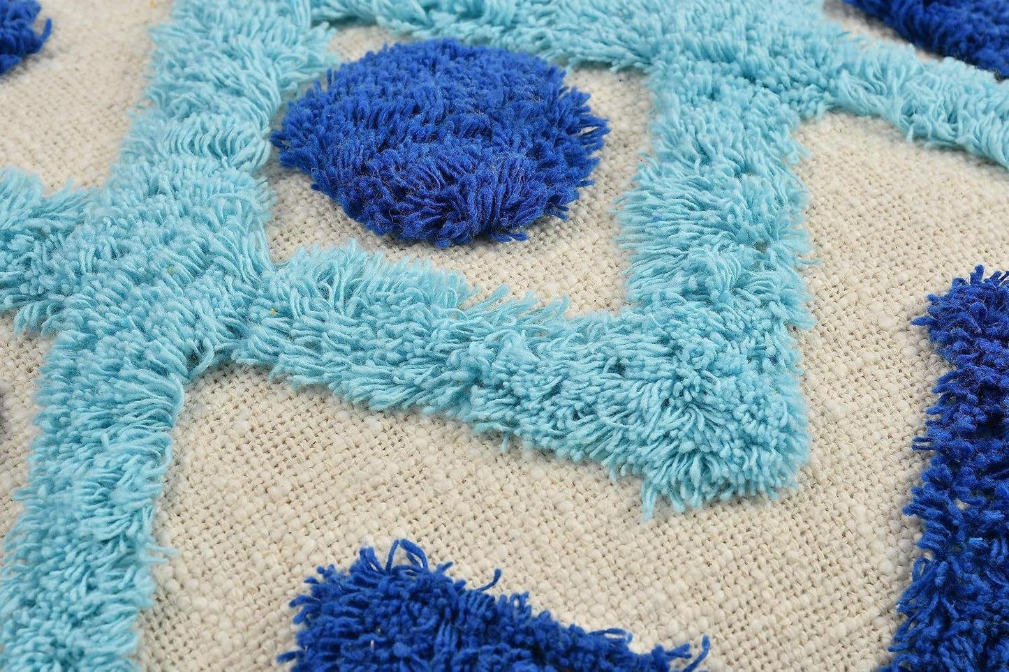Modern Bohemian Geometric Tufted Throw Pillow Cover, Blue Mix Pom Poms, 16x16 Inch, 1 Piece | Decorative Cushion for Sofa & Home Decor