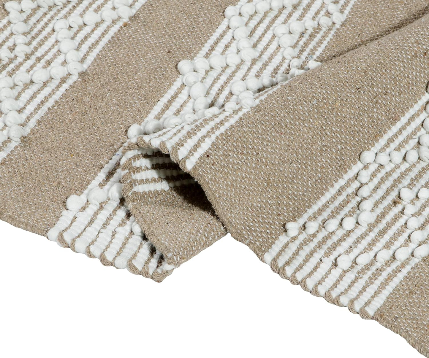 Modern Hand Woven 100% Natural Cotton Diamond Pattern Rug, Carpet, Bed Side Runner 2x5 ft (Beige & White) | Bedroom, Living Room, Washable Floor Runner