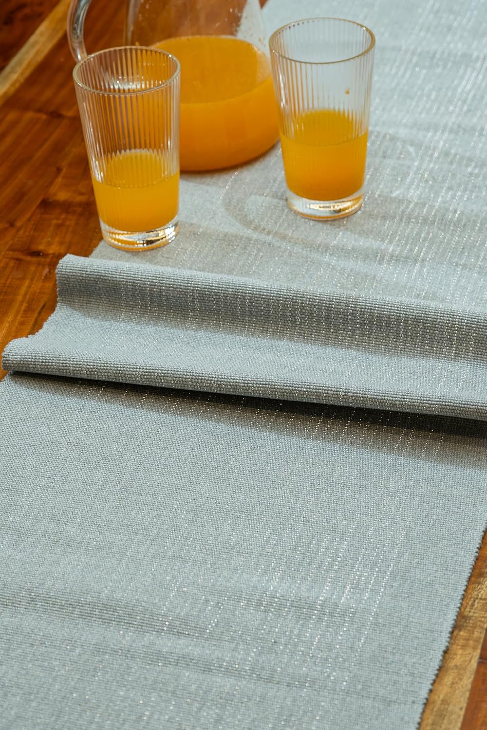 Grey-Silver Ribbed Cotton Weave Glitter Dining Table Runner 63x14 inch | Modern Festive Washable Table Decor 4-6 Seater