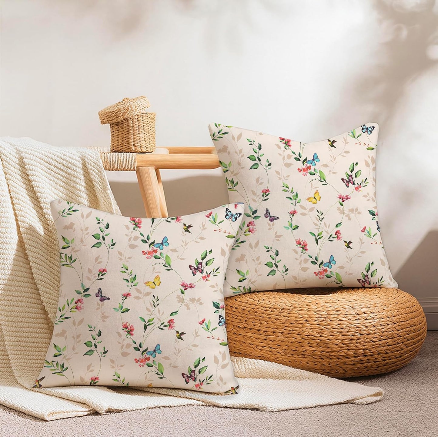 Butterfly Garden Decorative Soft Organic Cotton Cushion Covers 16x16 Inch Set of 2 | Hand Block Printed for Sofa, Bed, Home Decor, Gift