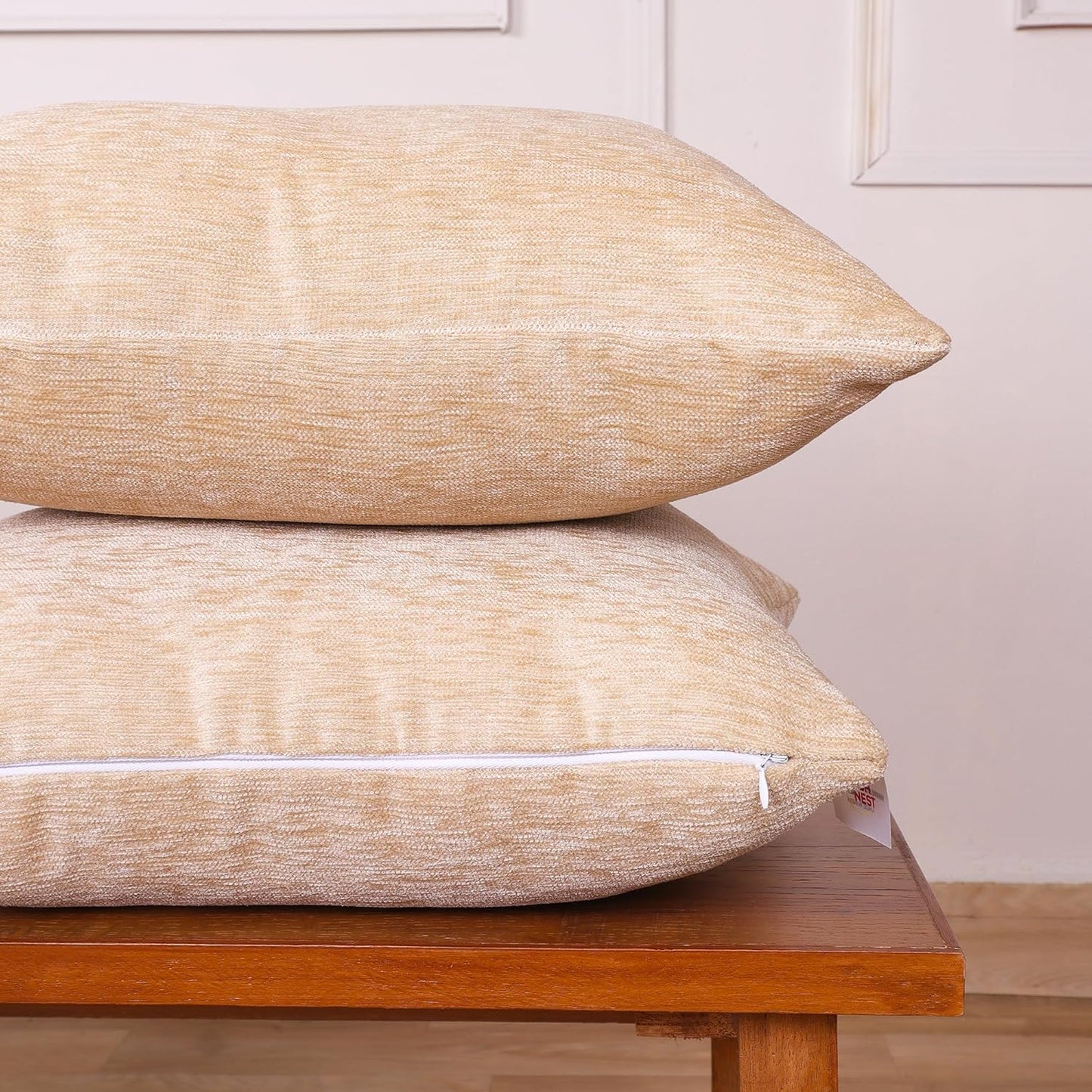 Soft Velvet Chenille Cushion Covers 16x16 Set of 2 | Durable Washable Light Beige Sofa Couch Bed Decor