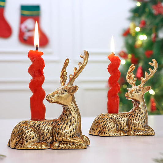 Antique Gold Reindeer Figurine Candle Holder Set of 2 | Decorative Stag Home Decor Gift for Diwali, Wedding & Housewarming