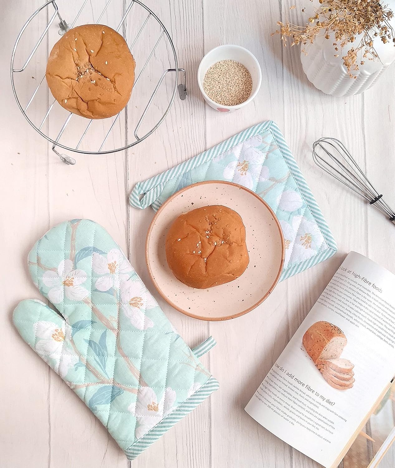 Oven Mitt & Pot Holder Set – Kitchen Textile – 100% Cotton Cherry Blossom Print – 1 Mitt + 1 Holder Pack