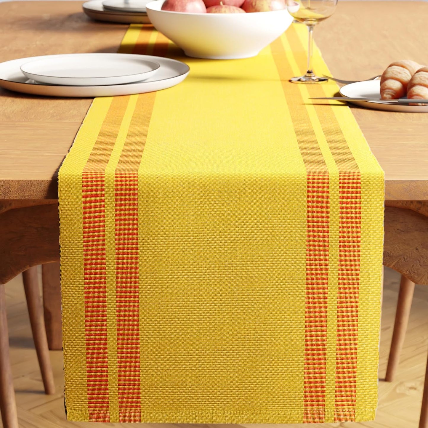 Modern Ladder Lemon Fine Ribbed Cotton Dining Table Runner 32x183 cm for 4-6 Seater | Machine Washable Kitchen Decor