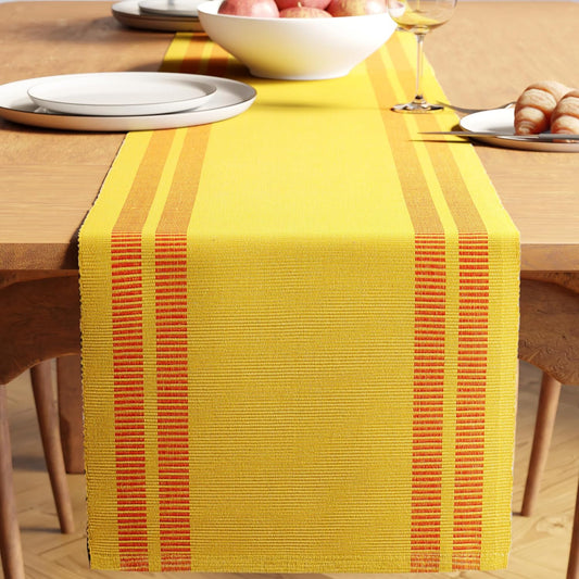 Modern Ladder Lemon Fine Ribbed Cotton Dining Table Runner 32x183 cm for 4-6 Seater | Machine Washable Kitchen Decor