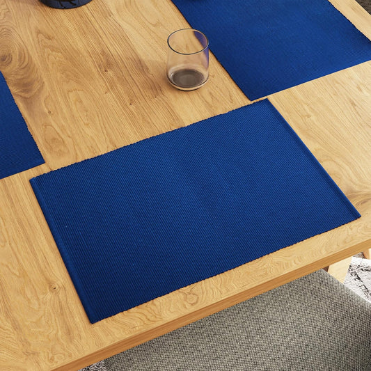 Solid Blue Ribbed Cotton Dining Table Mats Set of 6 (48x32 cm) | Heat-Resistant, Washable Placemats, Kitchen Decor