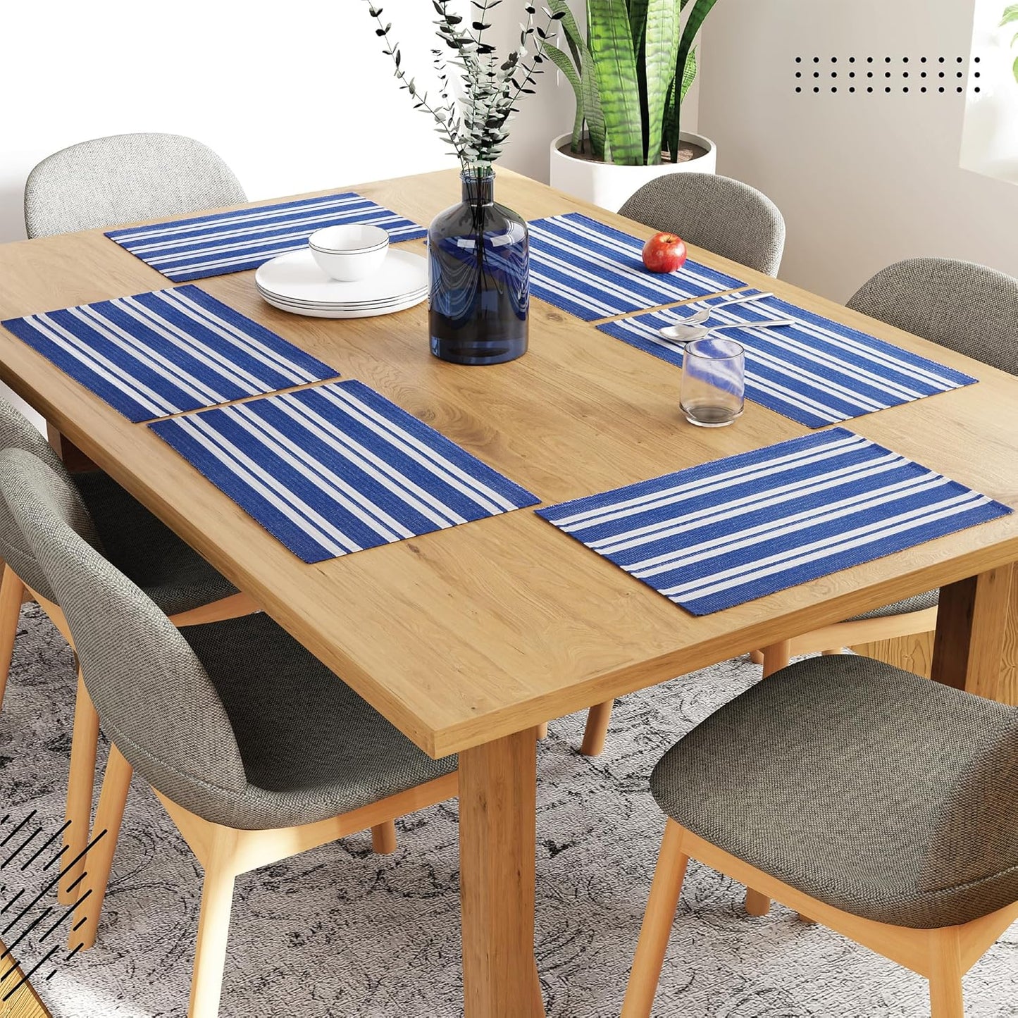 Franca Blue Stripes Ribbed Cotton Dining Table Mats Set of 6, 48x32 cm | Heat-Resistant Washable Placemats