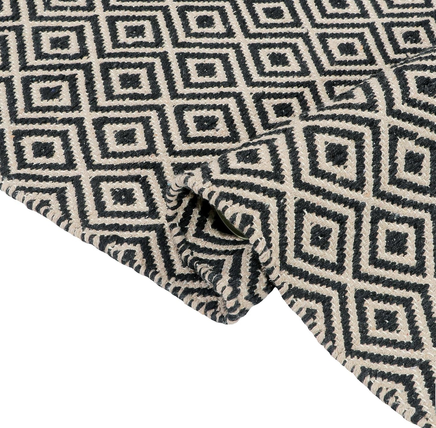 Modern Hand Woven 100% Cotton Diamond Rug 2x5 ft | Export Quality Bedside Runner, Washable Carpet for Living Room