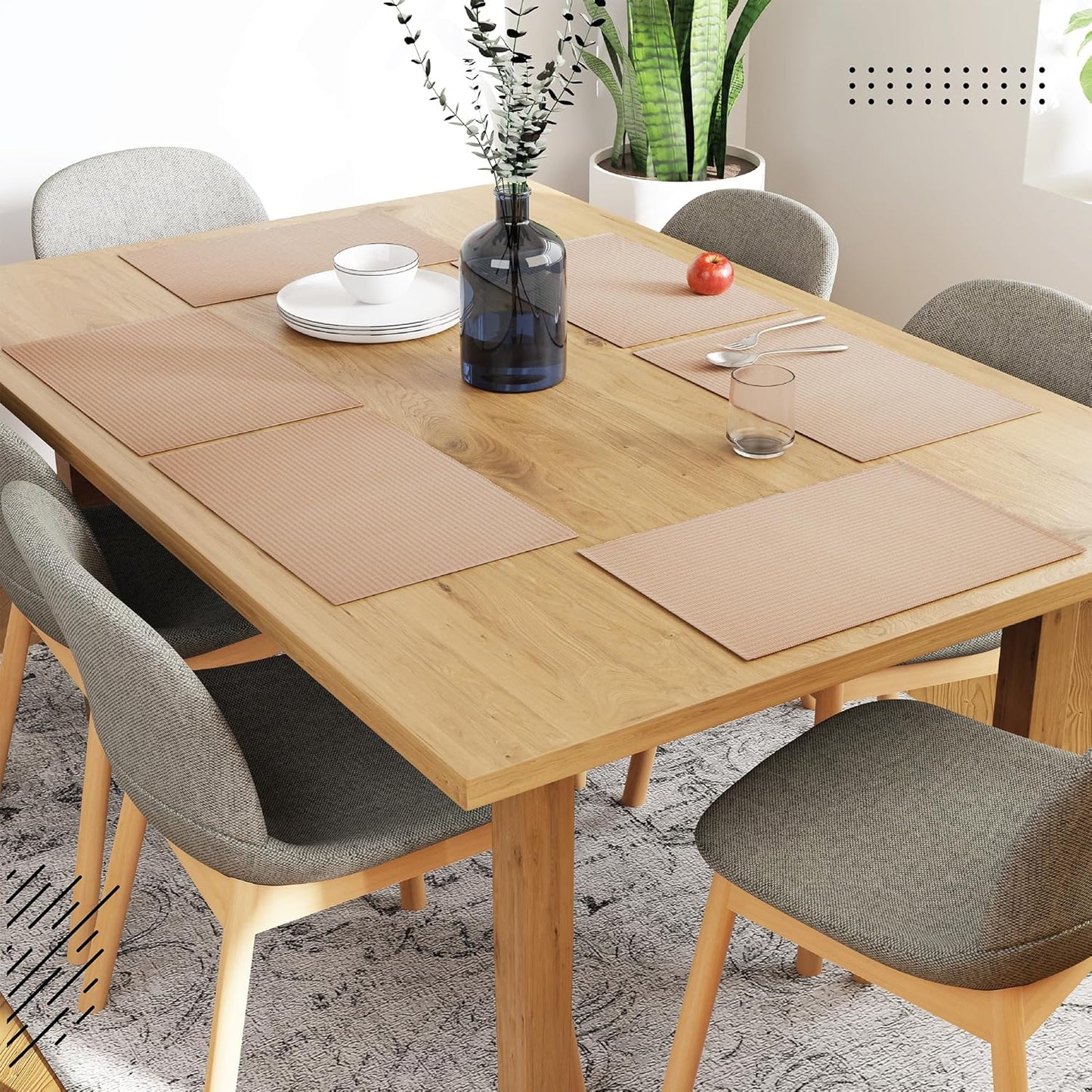 Solid Beige Ribbed Cotton Dining Table Mats Set of 6 (48x32 cm) | Heat-Resistant, Washable Placemats for Kitchen & Dining