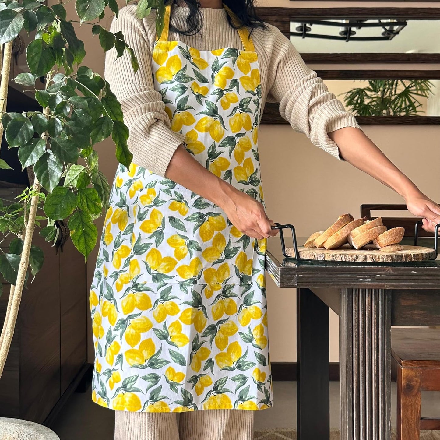 Ensemble tablier, mitaines et maniques à motif citron – 100 % coton – Qualité européenne – 3 pièces