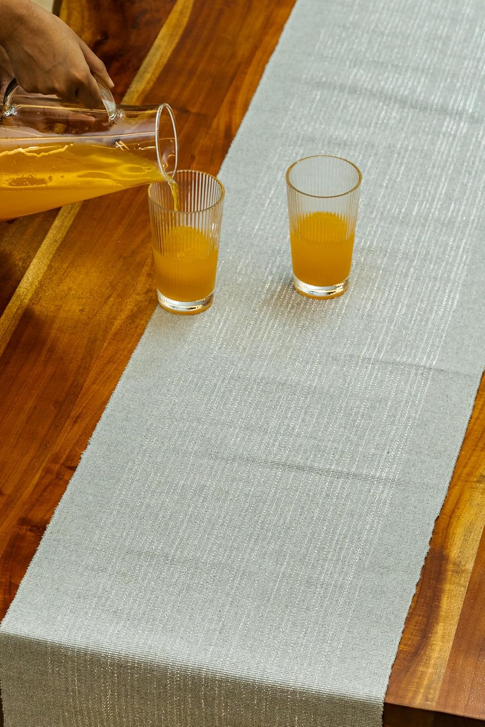 Grey-Silver Ribbed Cotton Weave Glitter Dining Table Runner 63x14 inch | Modern Festive Washable Table Decor 4-6 Seater