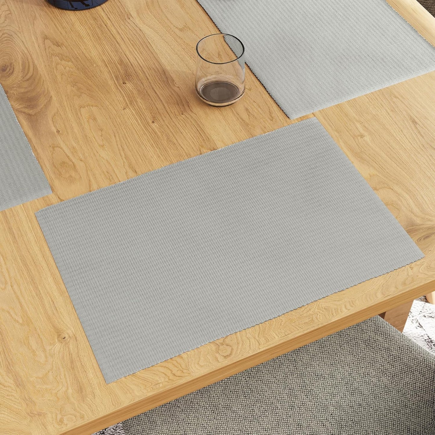 Handmade Light Grey Ribbed Cotton Dining Table Mats Set of 6, 48x32 cm | Heat-Resistant, Washable Placemats