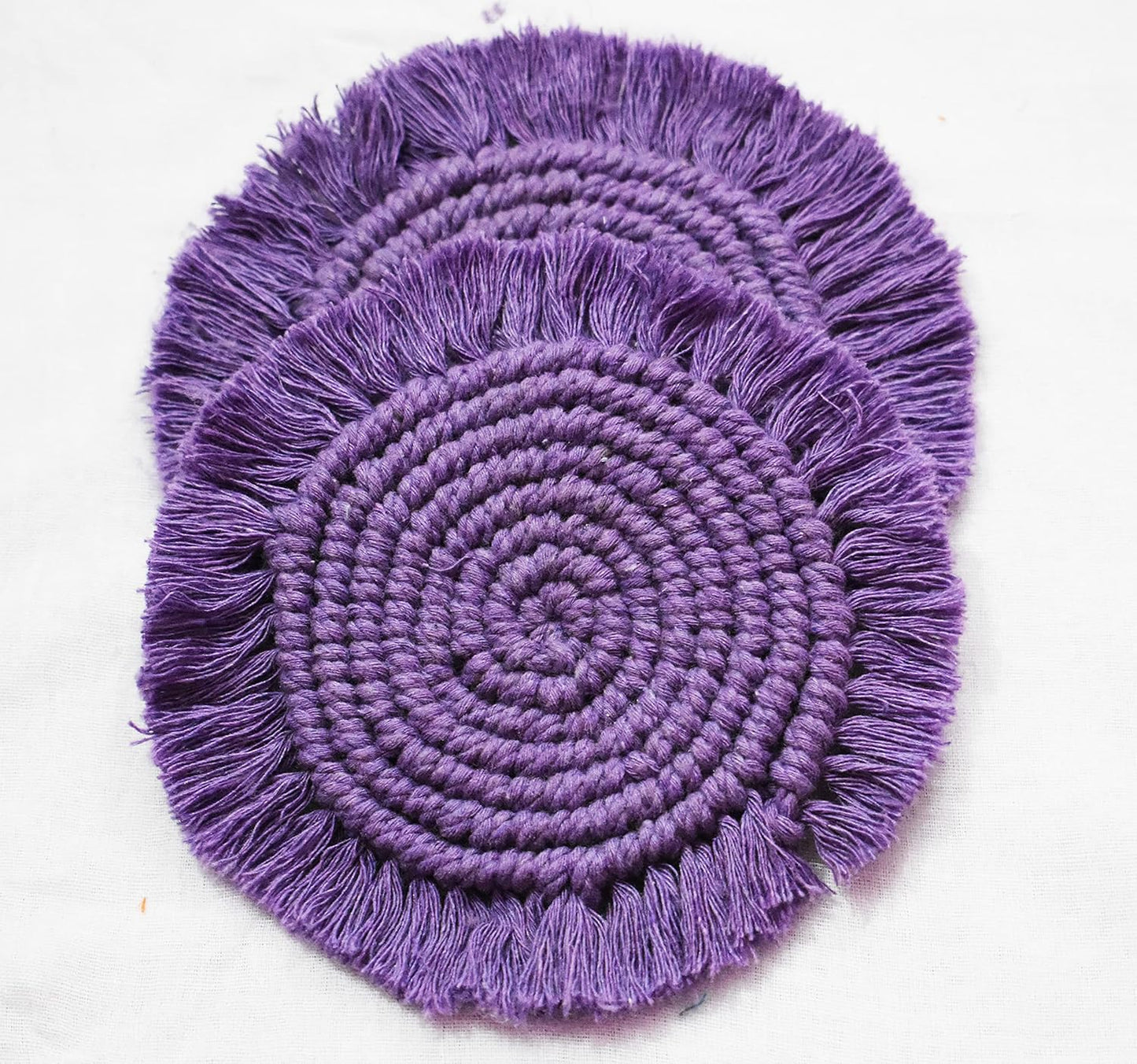 Purple Macrame Handwoven Cotton Coaster Set – 6" Diameter, 2-Pack