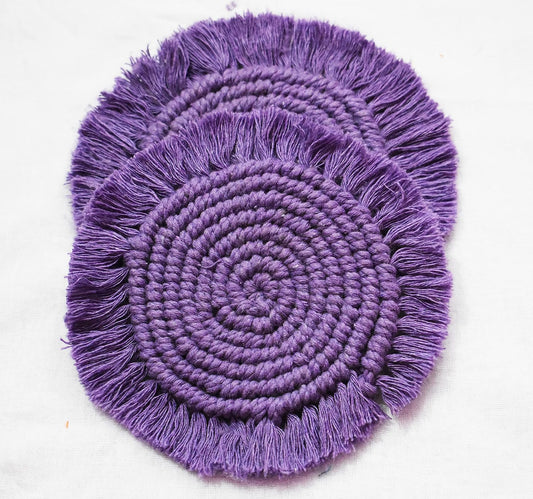 Purple Macrame Handwoven Cotton Coaster Set – 6" Diameter, 2-Pack