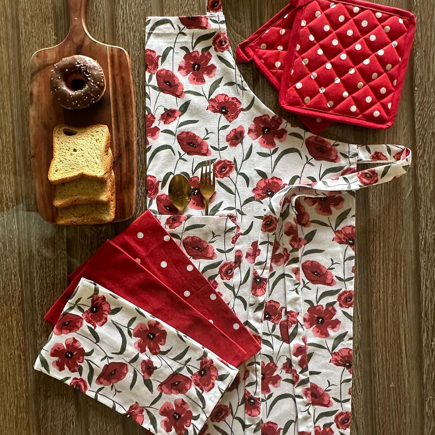 Ensemble de linge de cuisine – Tablier, maniques, serviettes – 100 % coton, lavable en machine