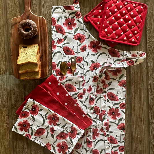 Kitchen Linen Combo Set – Apron, Pot Holders, Napkins – 100% Cotton, Machine Washable