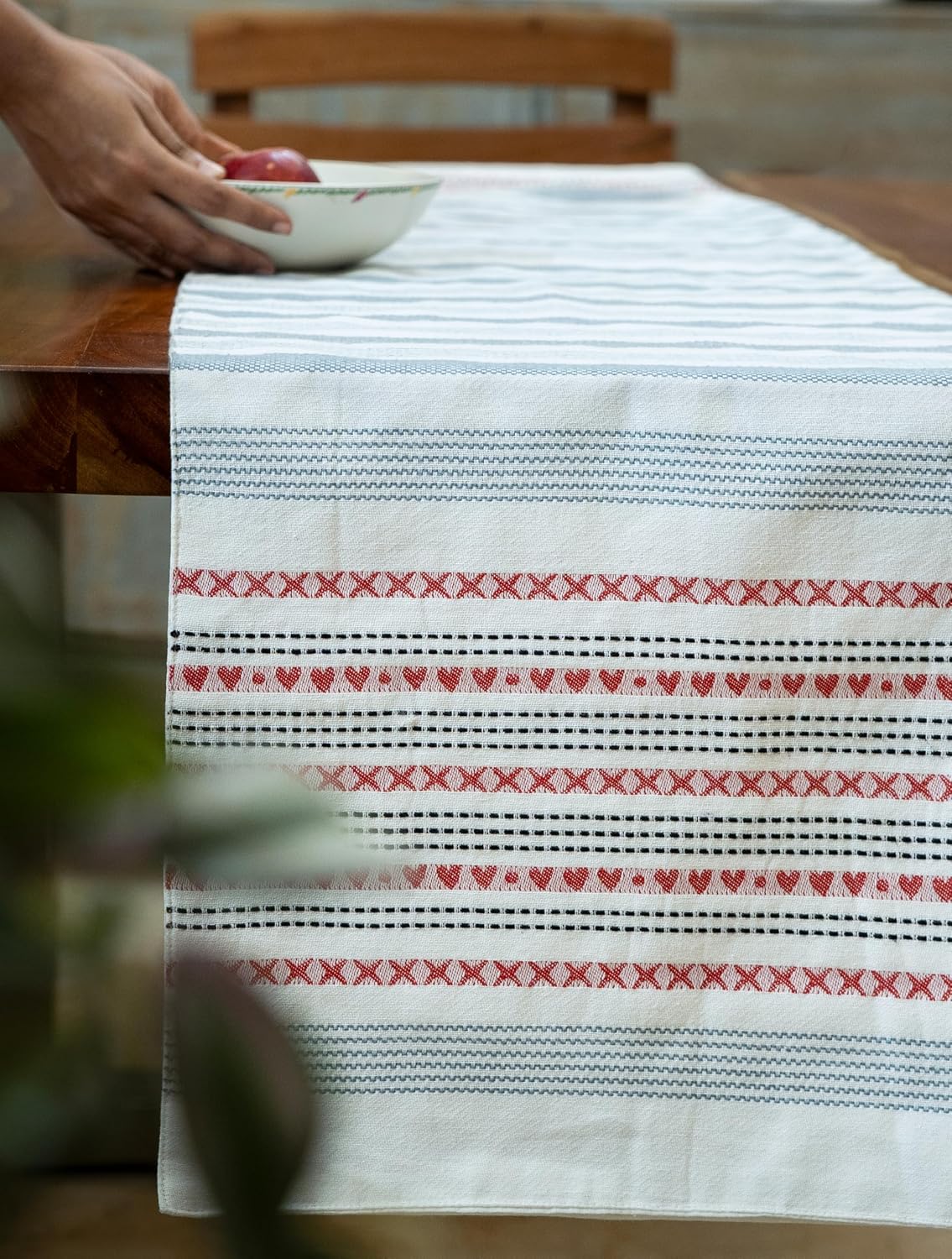 Boho 100% Cotton Dining Table Runner, 15x76 inch (6 Seater) | Red-Grey Farmhouse Kitchen Decor