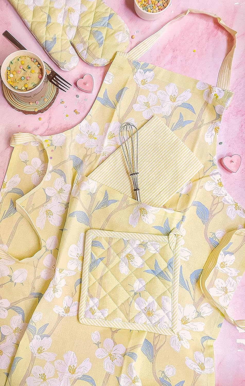 Ensemble tablier imprimé, manique, gant de cuisine et torchon – 100 % coton – Motif fleurs de cerisier – 4 pièces
