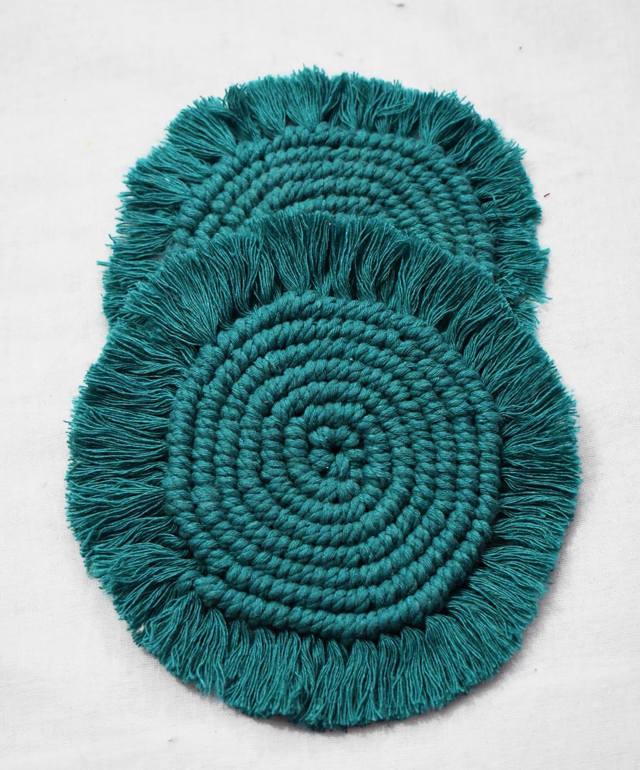 Forest Green Macrame Handwoven Cotton Coaster Set – 6" Diameter, 2-Pack