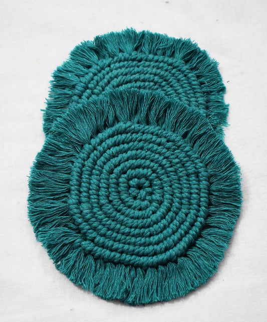 Forest Green Macrame Handwoven Cotton Coaster Set – 6" Diameter, 2-Pack