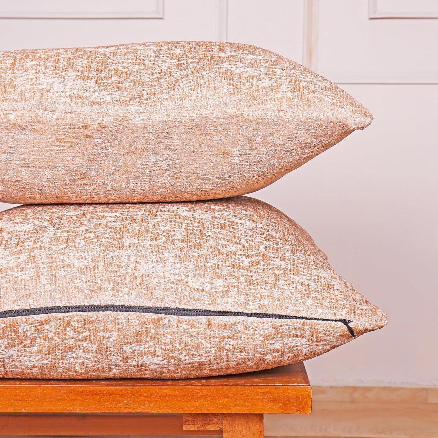 Beige Chenille Velvet-Feel Soft Cushion Covers 16x16 Set of 2 | Durable, Washable Sofa Couch Bed Living Room Decor