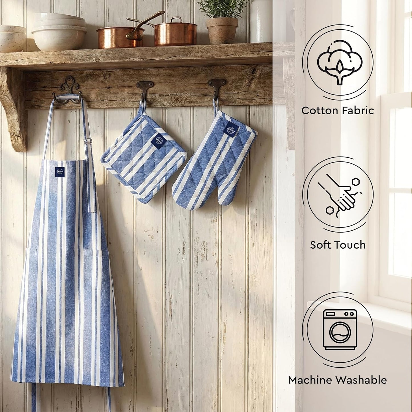 Ensemble de tabliers de cuisine – Combinaison de cuisine – 100 % coton résistant à la chaleur – Ensemble de 3 pièces