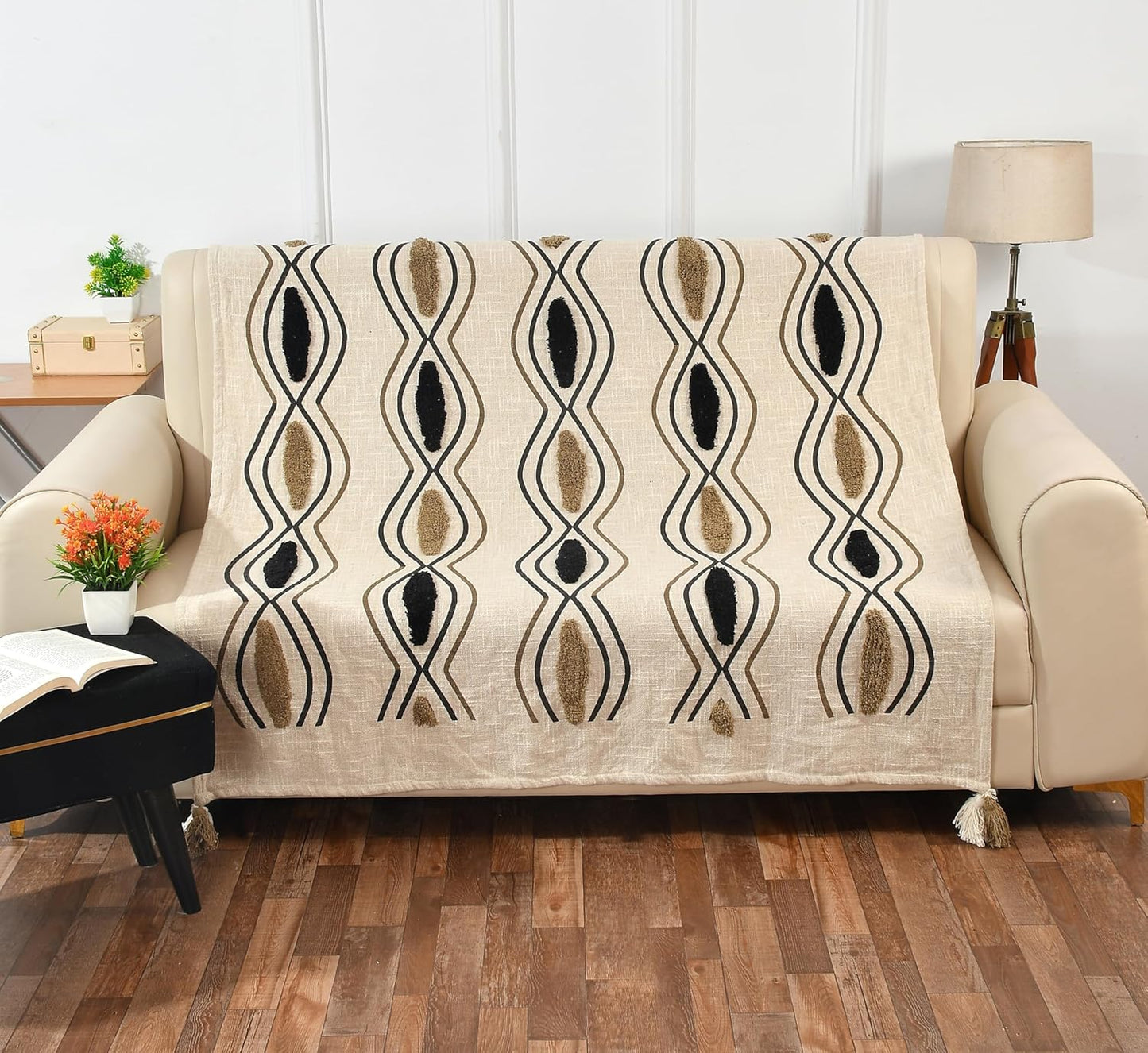 Beige Black Patterned Throw – Cotton Blanket – Natural Woven Base – 180x130 cm