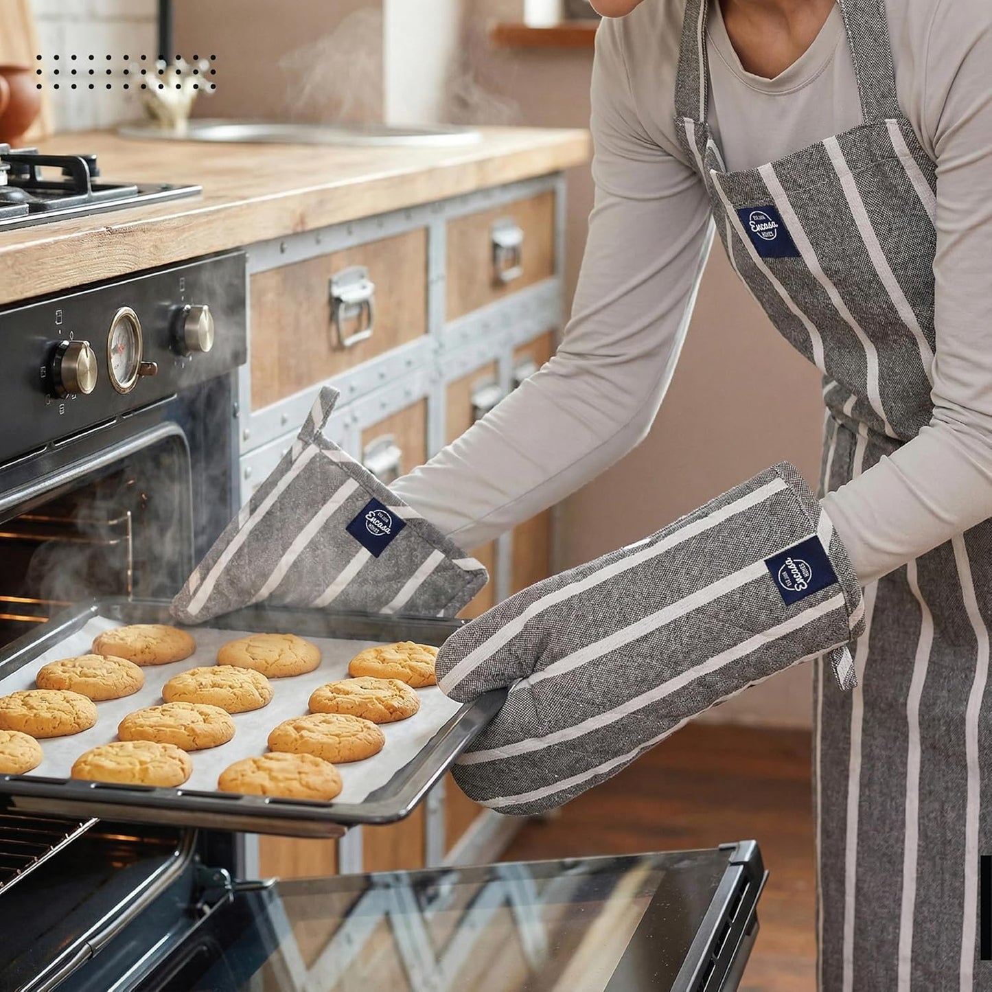 Ensemble de tabliers de cuisine – Ensemble de 3 pièces en lin culinaire – 100 % coton, résistant à la chaleur – Rayures grises Roma