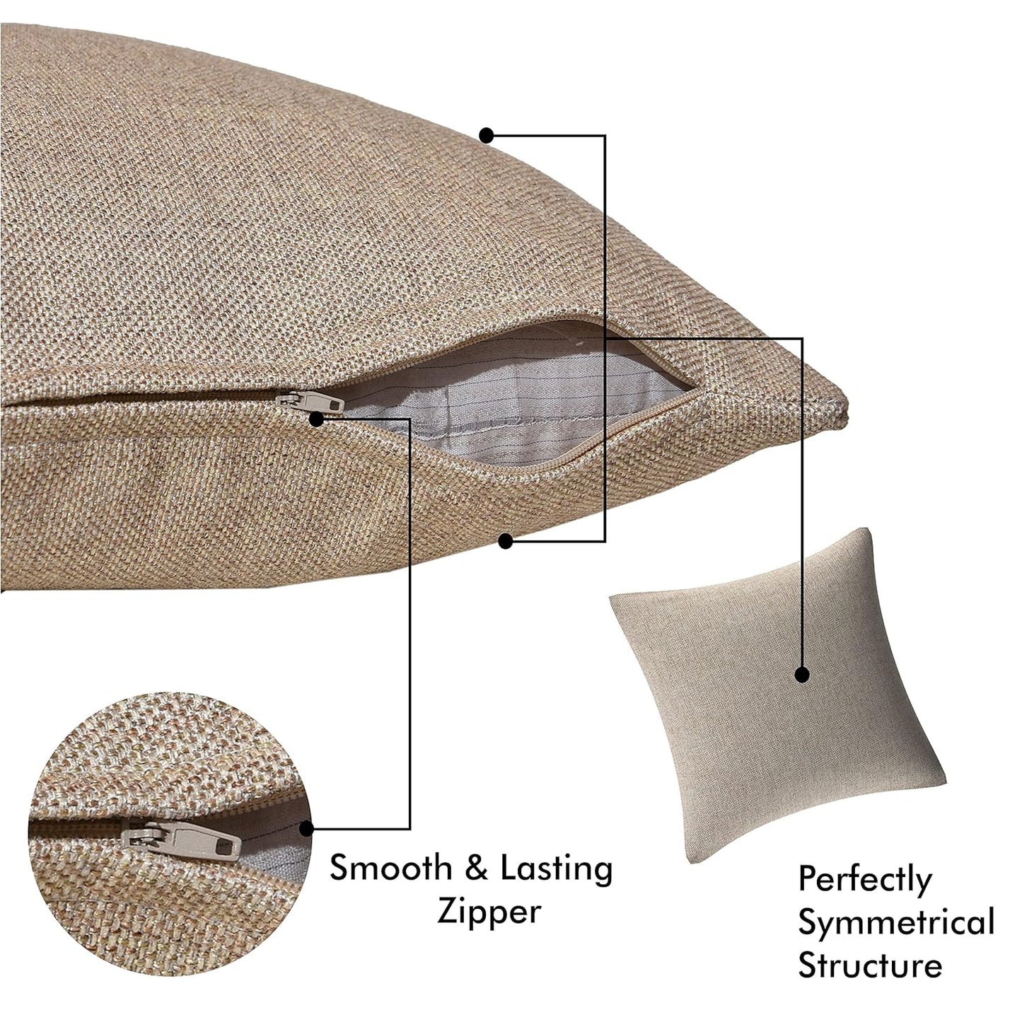Set of 5 - Decorative Cushion Covers – Jute Texture Fabric with Concealed Zipper – 16x16 In