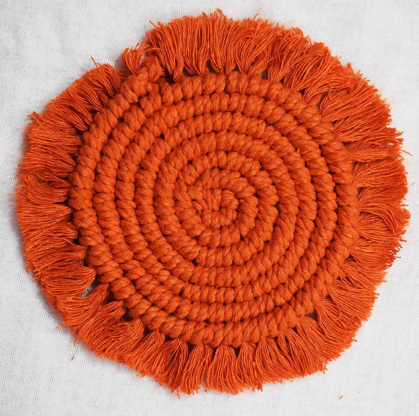 Orange Macrame Handwoven Cotton Coaster Set – 6" Diameter, 2-Pack