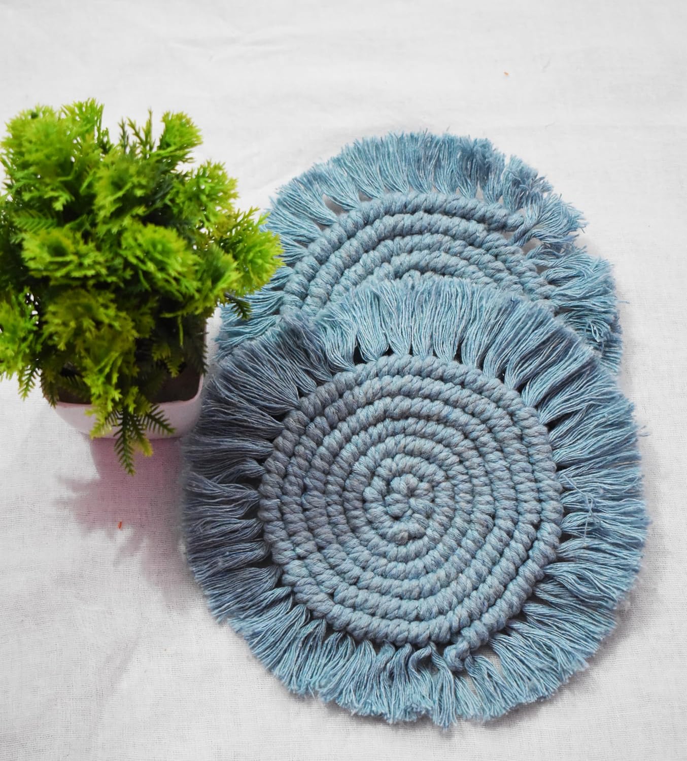Light Blue Macrame Handwoven Cotton Coaster Set – 6" Diameter, 2-Pack