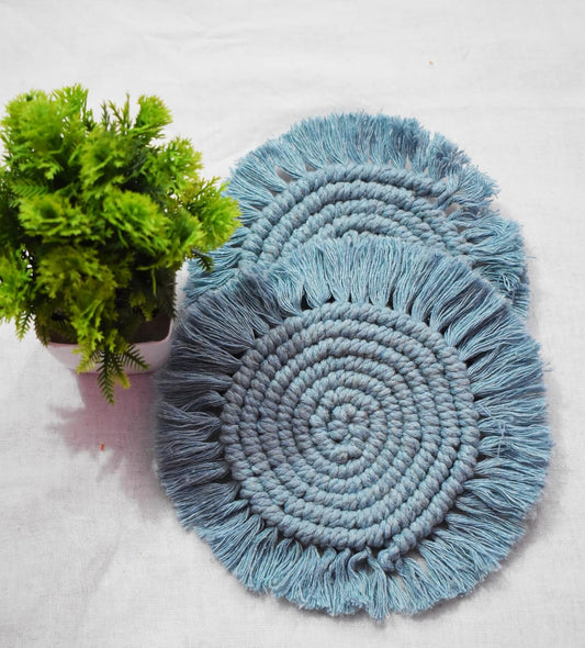 Light Blue Macrame Handwoven Cotton Coaster Set – 6" Diameter, 2-Pack
