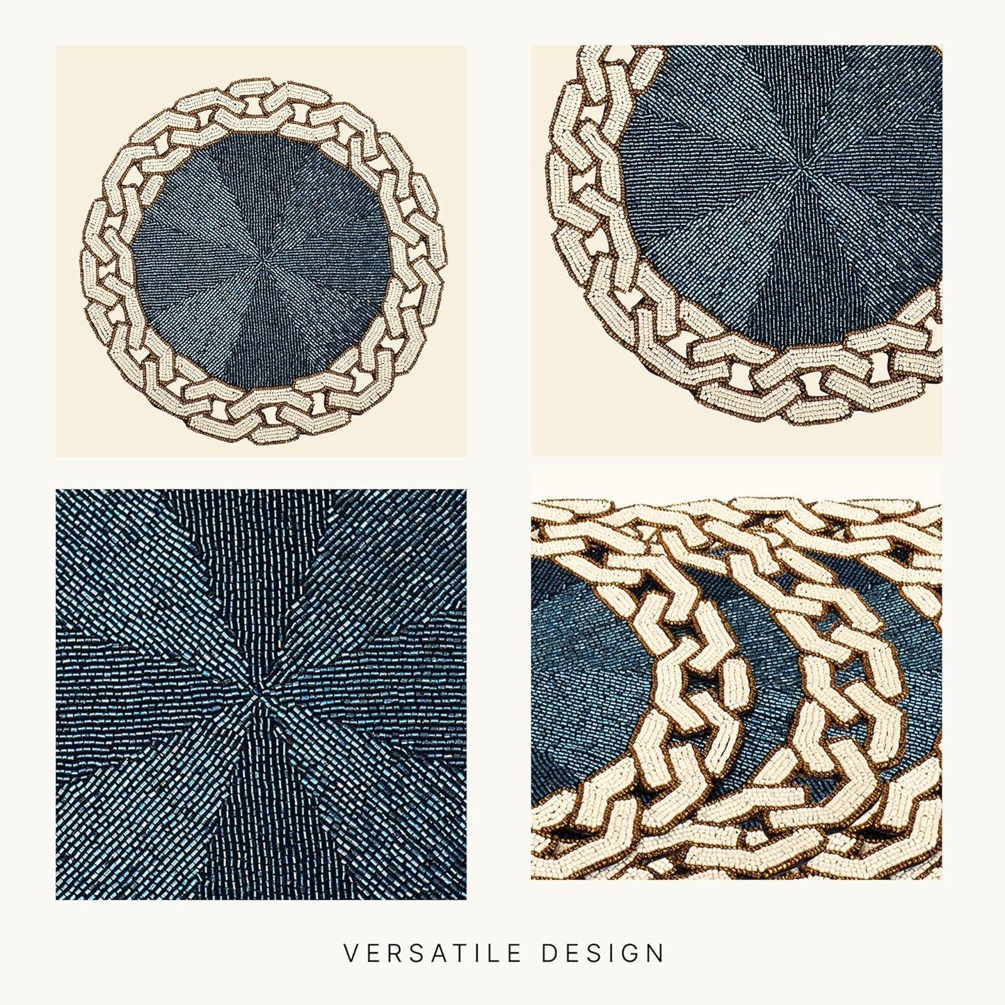 Handcrafted Chained Glass Beaded Placemat 14" Round Single | Easy Clean, Heat-Resistant, Non-Slip for Dining, Coffee Table Decor, Blue White