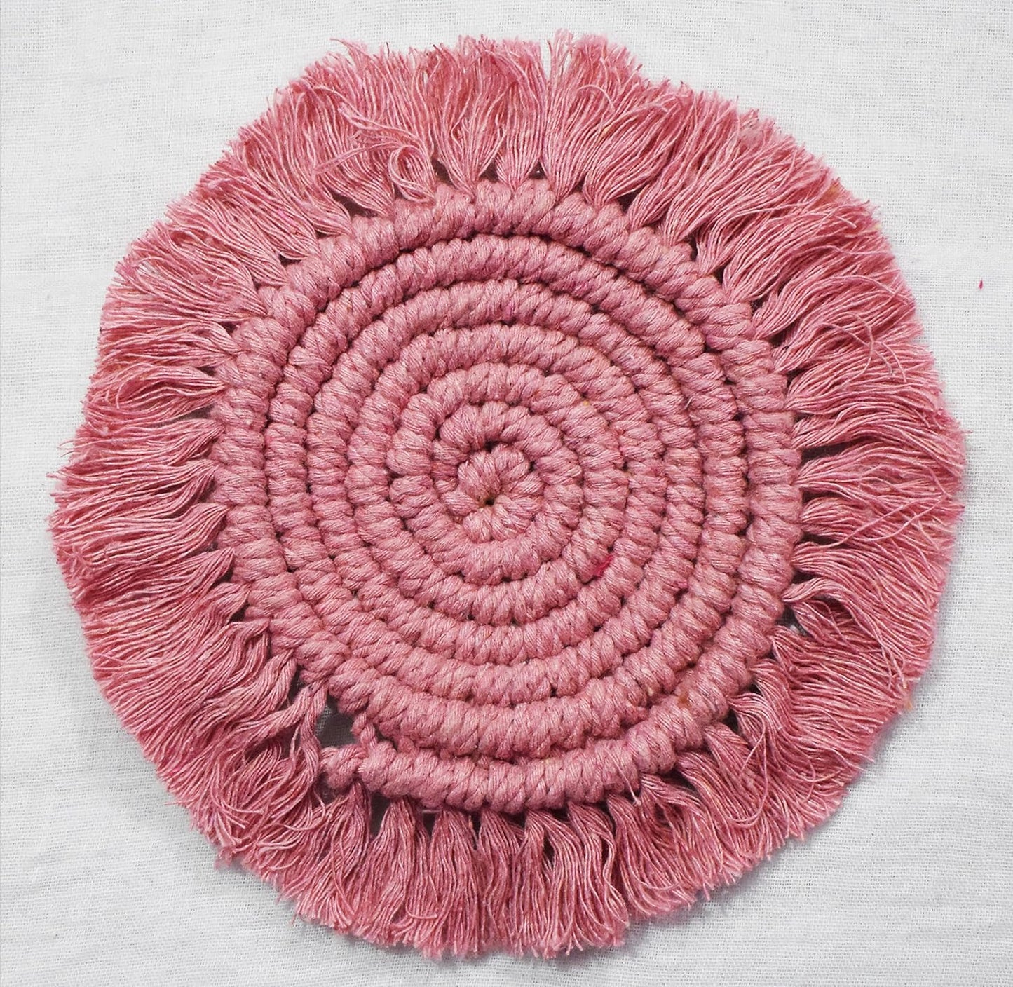 Pink Macrame Handwoven Cotton Coaster Set – 6" Diameter, 2-Pack