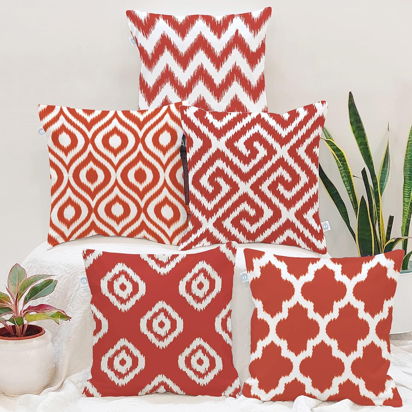 Set of 5 Polycotton Cushion Covers 16x16" - Red & White Ikat Geometric Print | Elegant Sofa Couch Living Room Decor