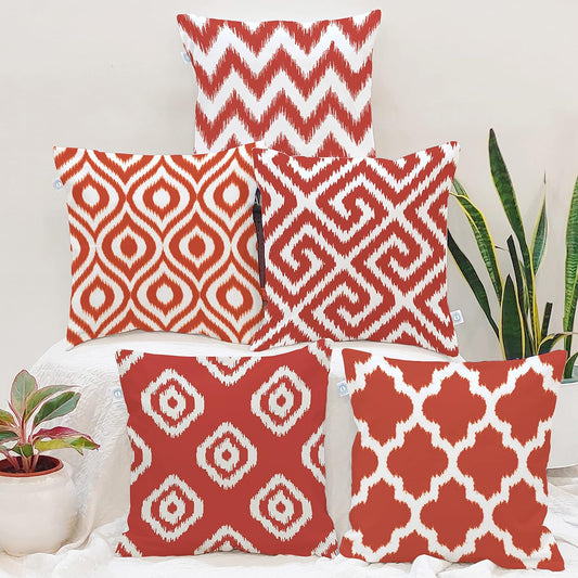 Set of 5 Polycotton Cushion Covers 16x16" - Red & White Ikat Geometric Print | Elegant Sofa Couch Living Room Decor