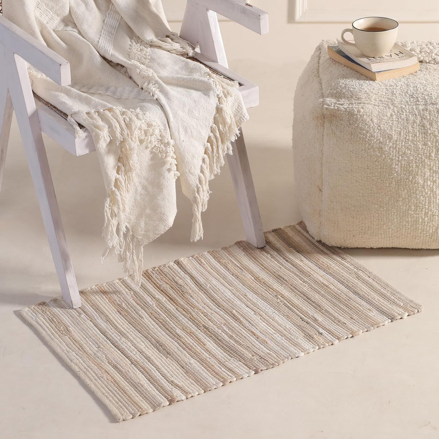 Handmade Reversible Striped Chindi Recycled Cotton Area Rug 20x32 Inch | Floor Mat for Living Room, Kitchen, Yoga