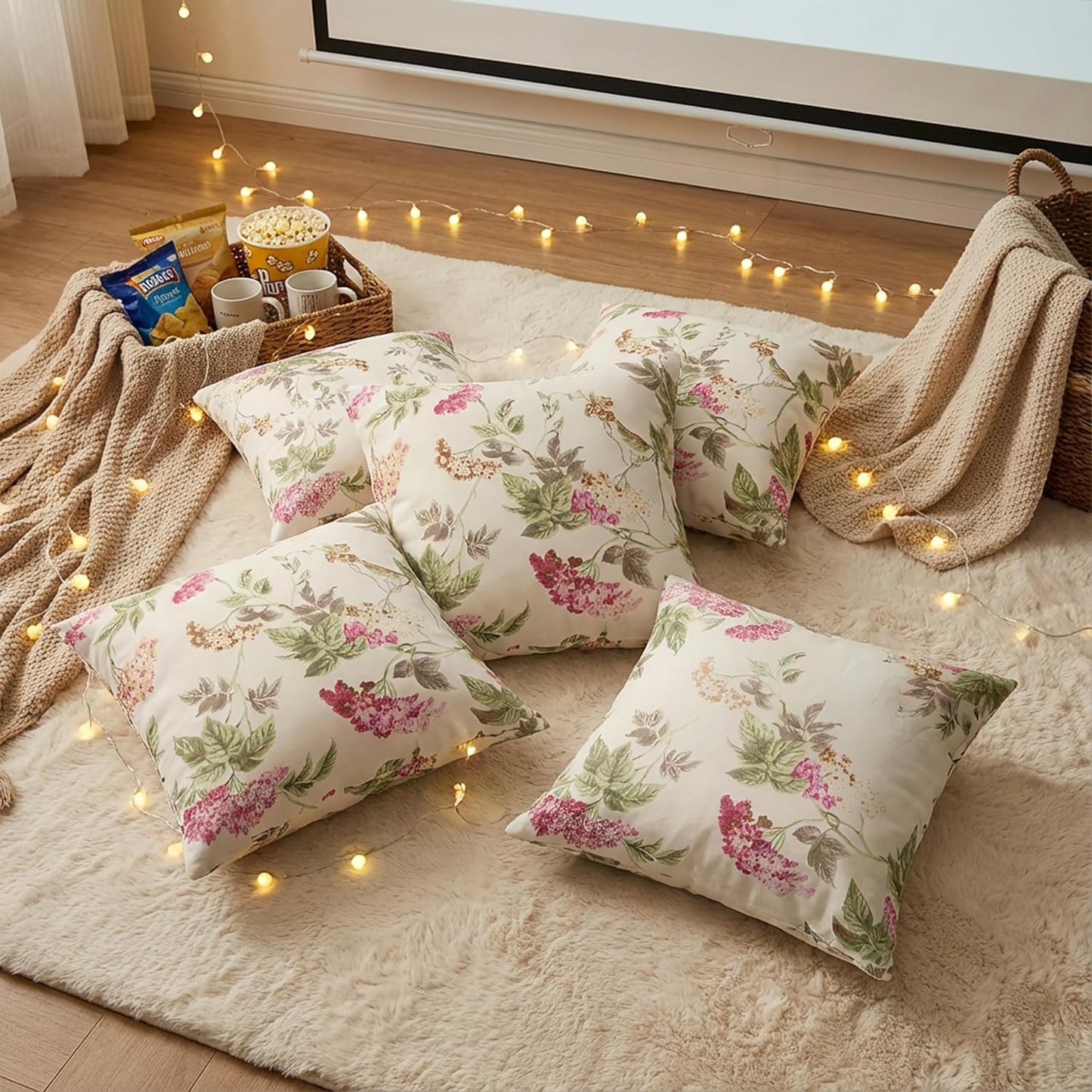 Floral Print Cushion Cover – Soft Cotton, Hidden Zipper – 16x16 Inch, Set of 5