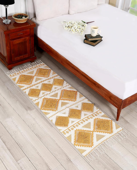Hand Woven Tufted Cotton Rug Runner 2x5 ft (White/Yellow) | Modern Designer Carpet for Bedroom, Living Room Decor