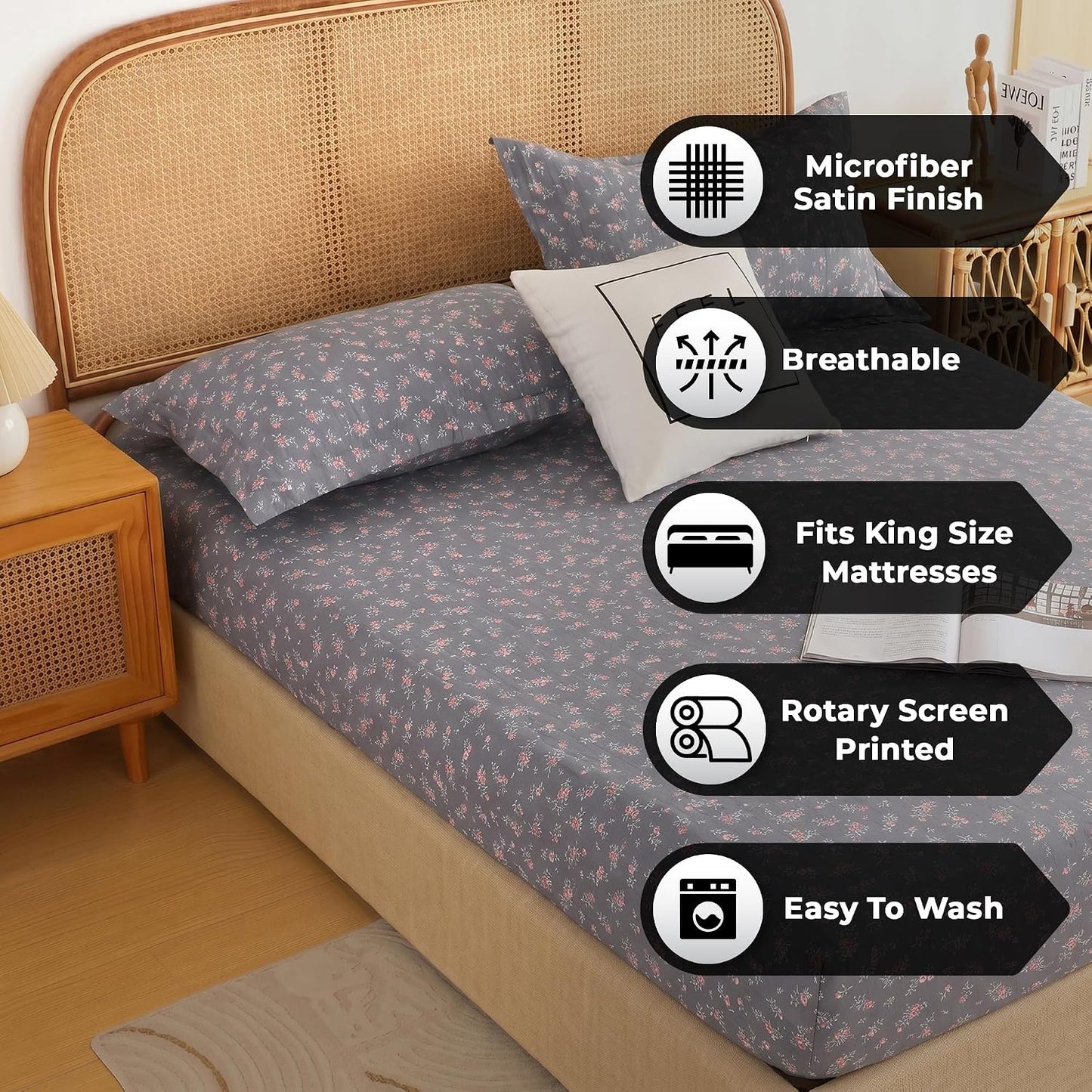 Bedsheet | Air Cotton 240TC Fitted | King Size, Dark Grey, 3-Piece