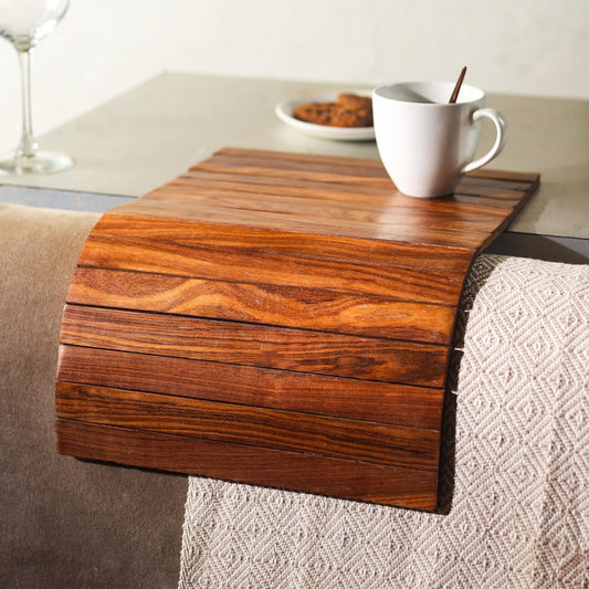 Wooden Flexible Foldable Tray – Sofa Armrest Organizer – Non-Slip Design – 17x11 Inch