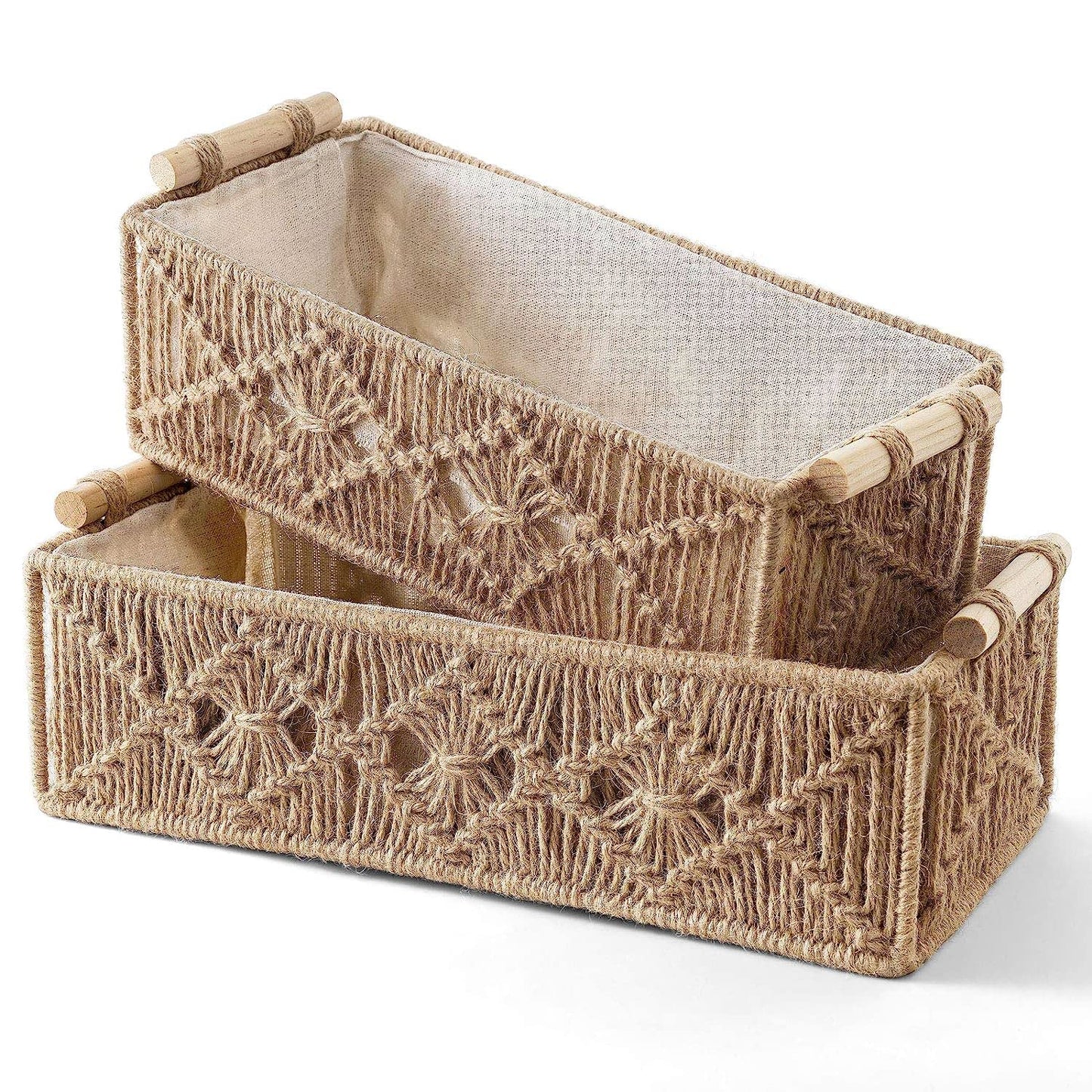 Handwoven Macrame Storage Baskets – Lined Woven Wooden Handle - 2pc