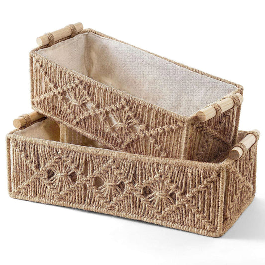 Handwoven Macrame Storage Baskets – Lined Woven Wooden Handle - 2pc