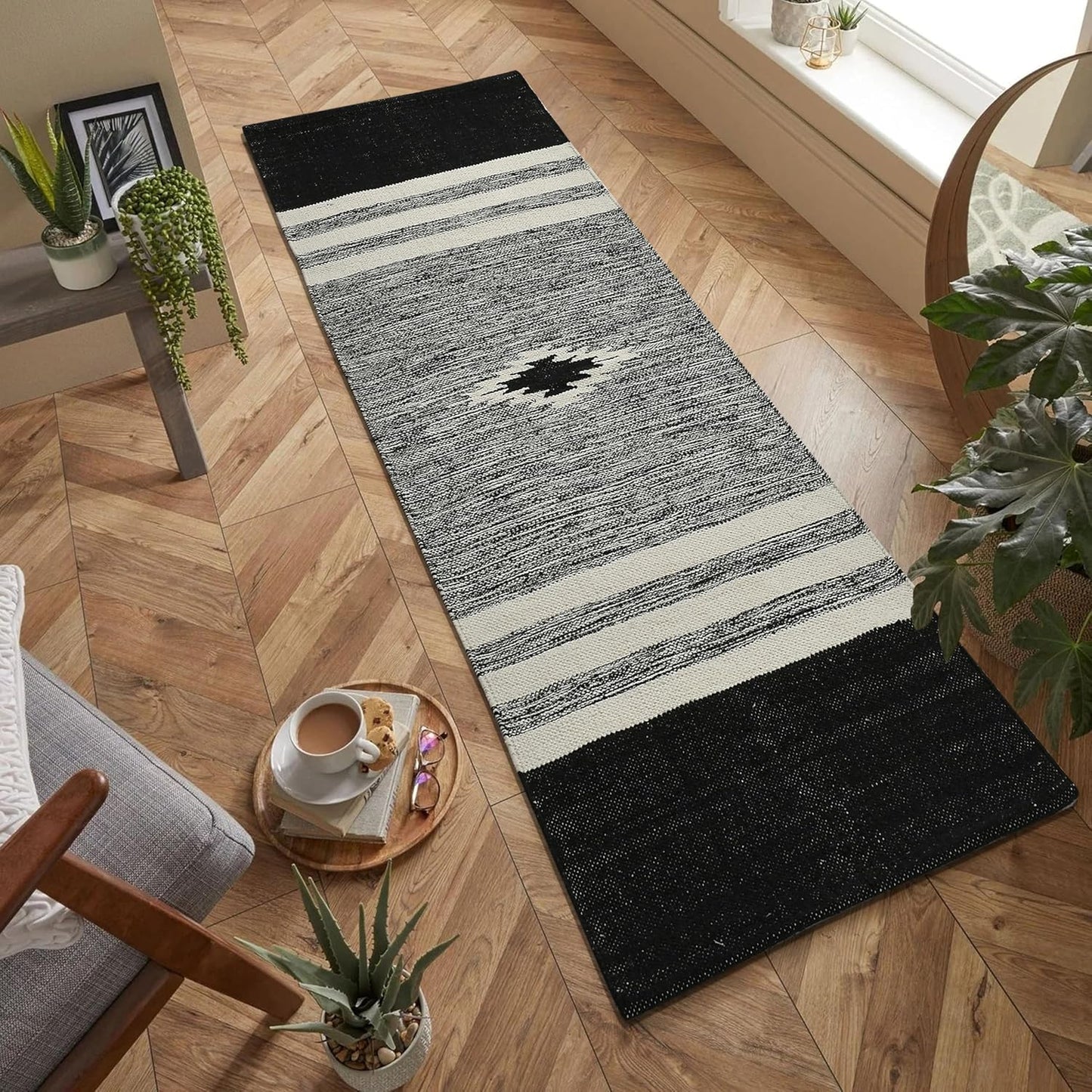 Modern Hand Woven 100% Cotton Designer Rug, Carpet, Bedside Runner 2x5 ft | Eco-Friendly Washable Floor Runner for Bedroom, Living Room