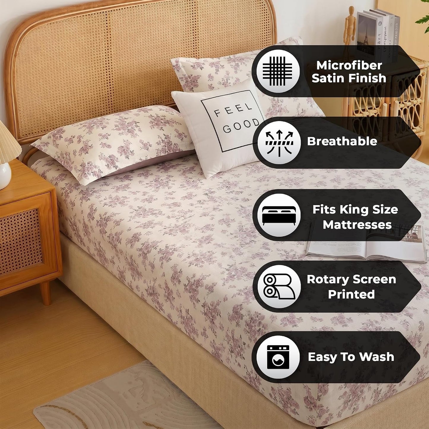 Bedsheet | Elastic Fitted Cotton Microfiber  | King, 182x198 cm, 2 Pillowcases | 240 TC