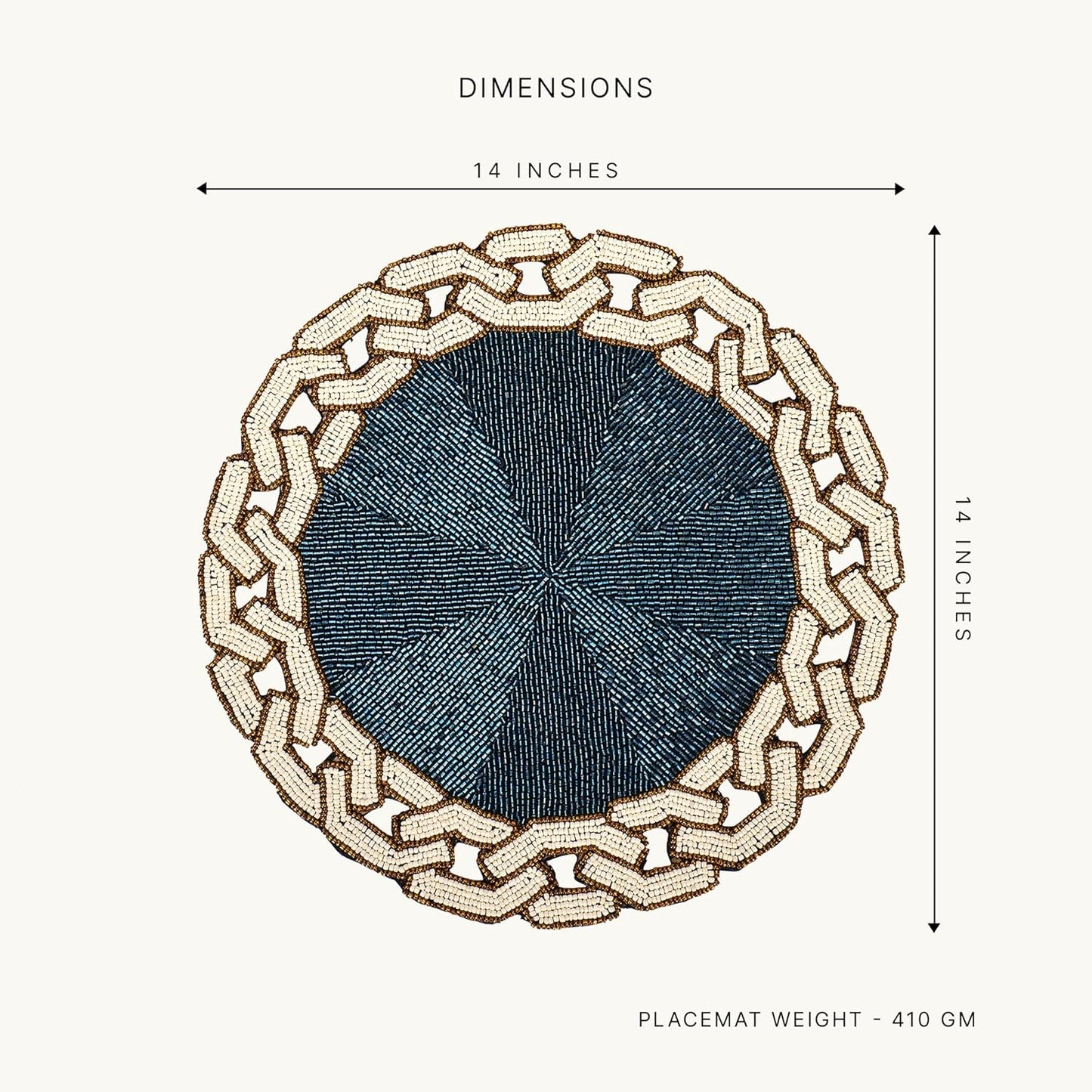 Handcrafted Chained Glass Beaded Placemat 14" Round Single | Easy Clean, Heat-Resistant, Non-Slip for Dining, Coffee Table Decor, Blue White